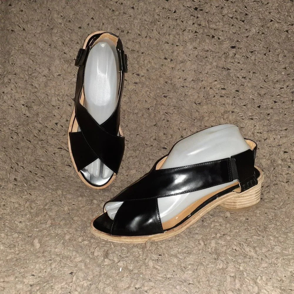 JEFFREY CAMPBELL-Columbo-Shiny Black Leather-CrissCross Slingback-S 10-Excellent